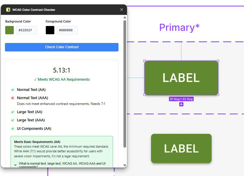 WCAG color contrast checker confirming the primary green passes AA at 5.13 to 1