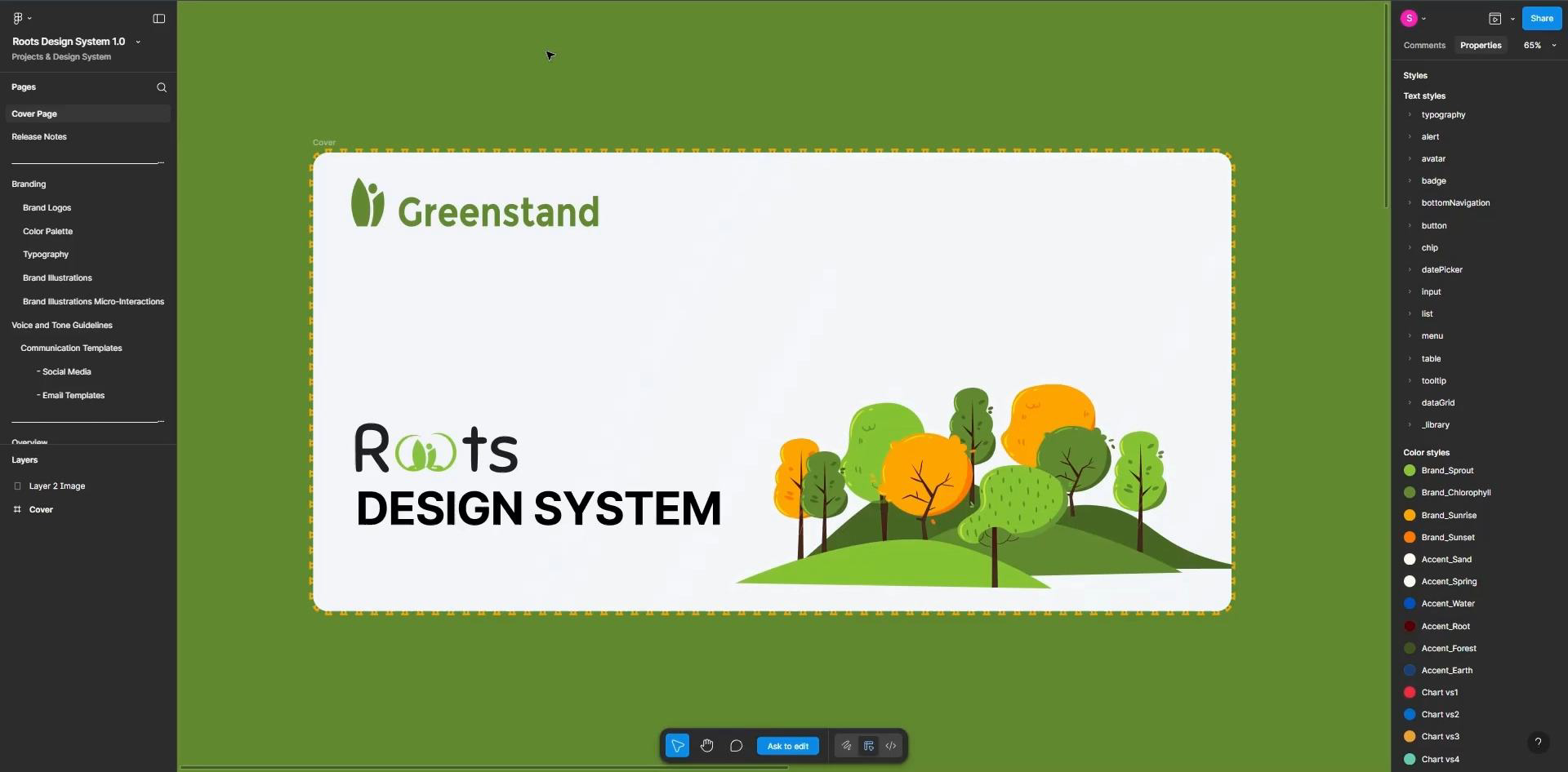 The Roots Design System 1.0 Figma file, with component and color styles