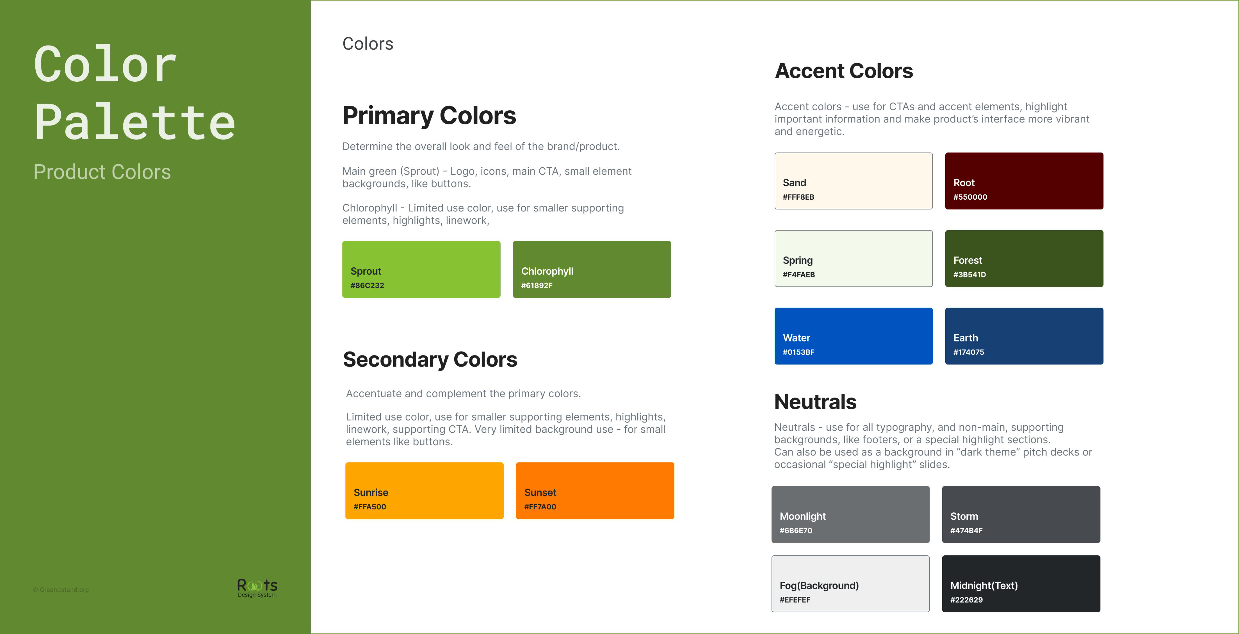 Roots color palette: primary, secondary, accent and neutral tokens with hex values