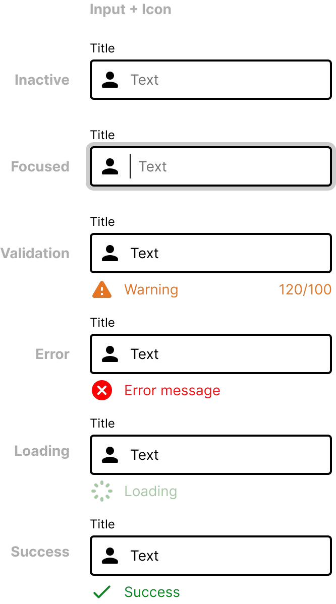 Input with icon explored across inactive, focused, validation, error, loading and success states